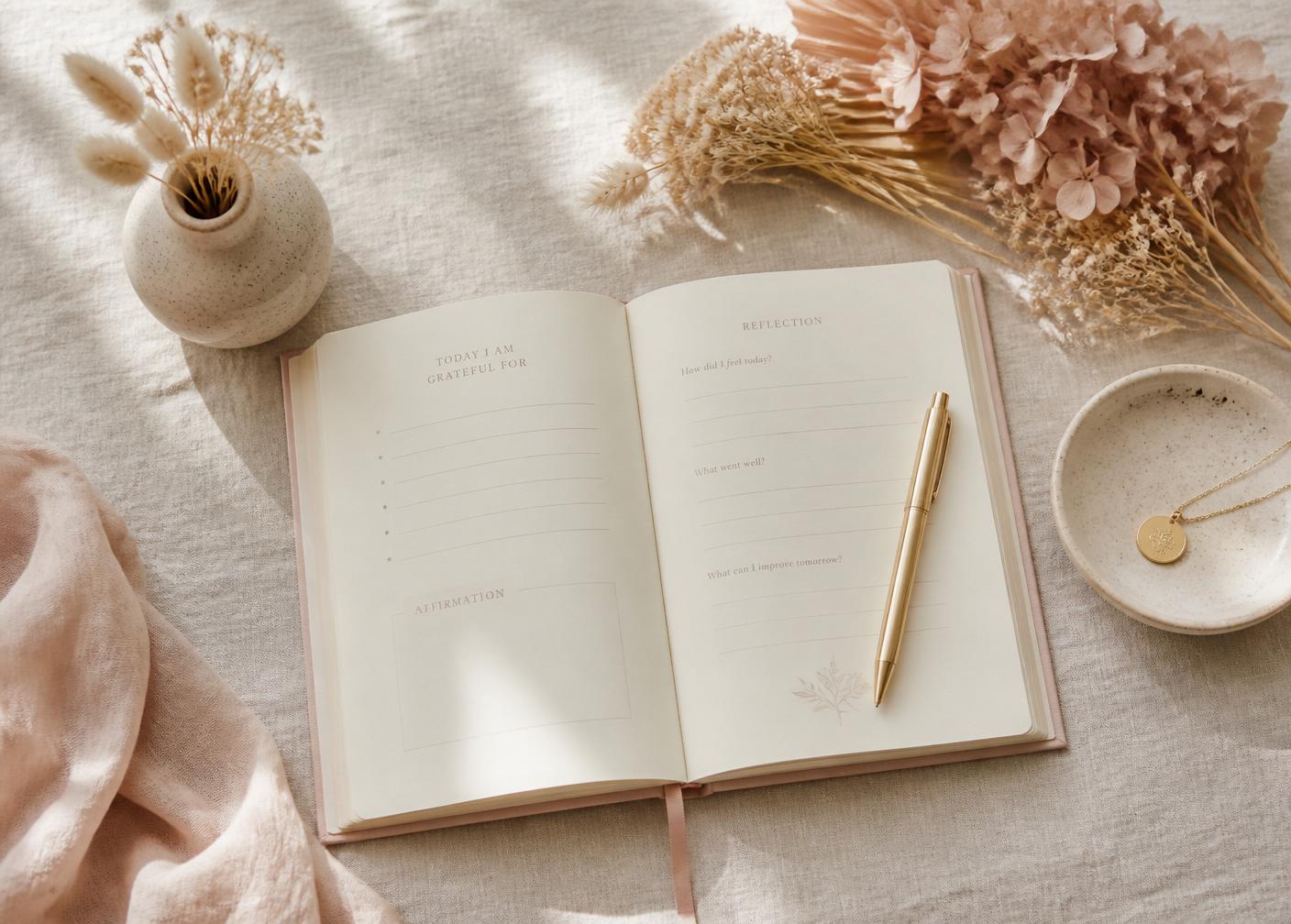 A journal with gratitude and reflection prompts